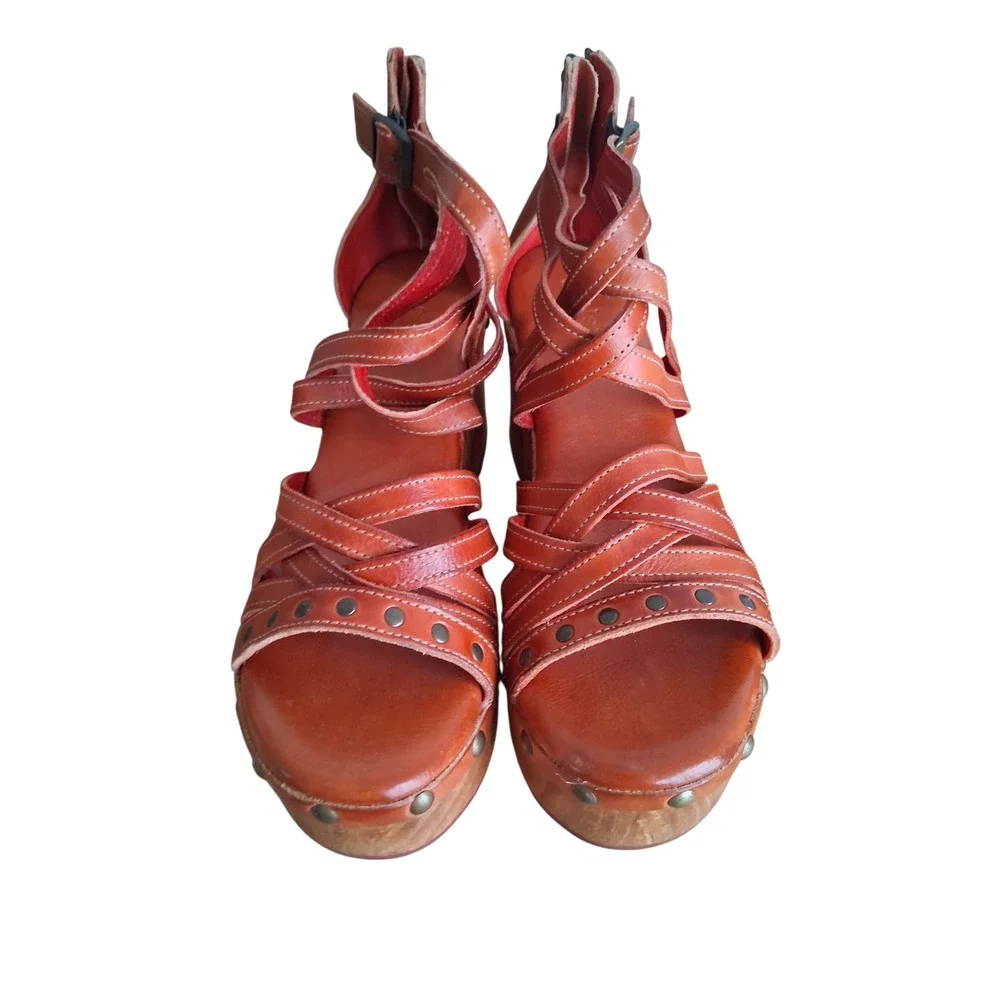 Bed Stu Antonelli Chunky Platform Leather Wood Sandals Women's Size 10 Indie Slz